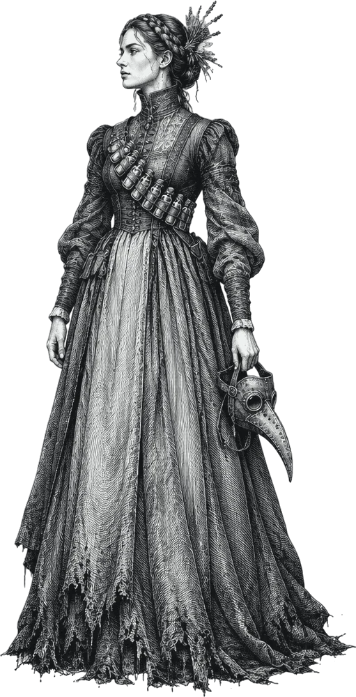 Lady Amabel berdiri dengan gaun tabib berkerah tinggi, sabuk botol kaca di dada, topeng paruh di tangan.